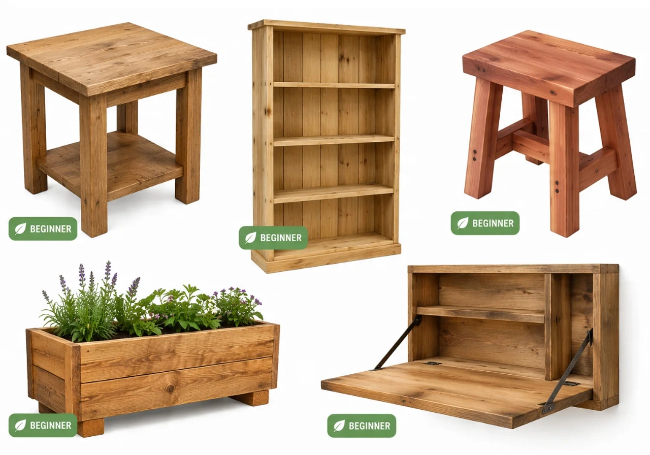 5 Easy Beginner Woodworking Projects Collage - side table, bookshelf, stool, planter, wall desk